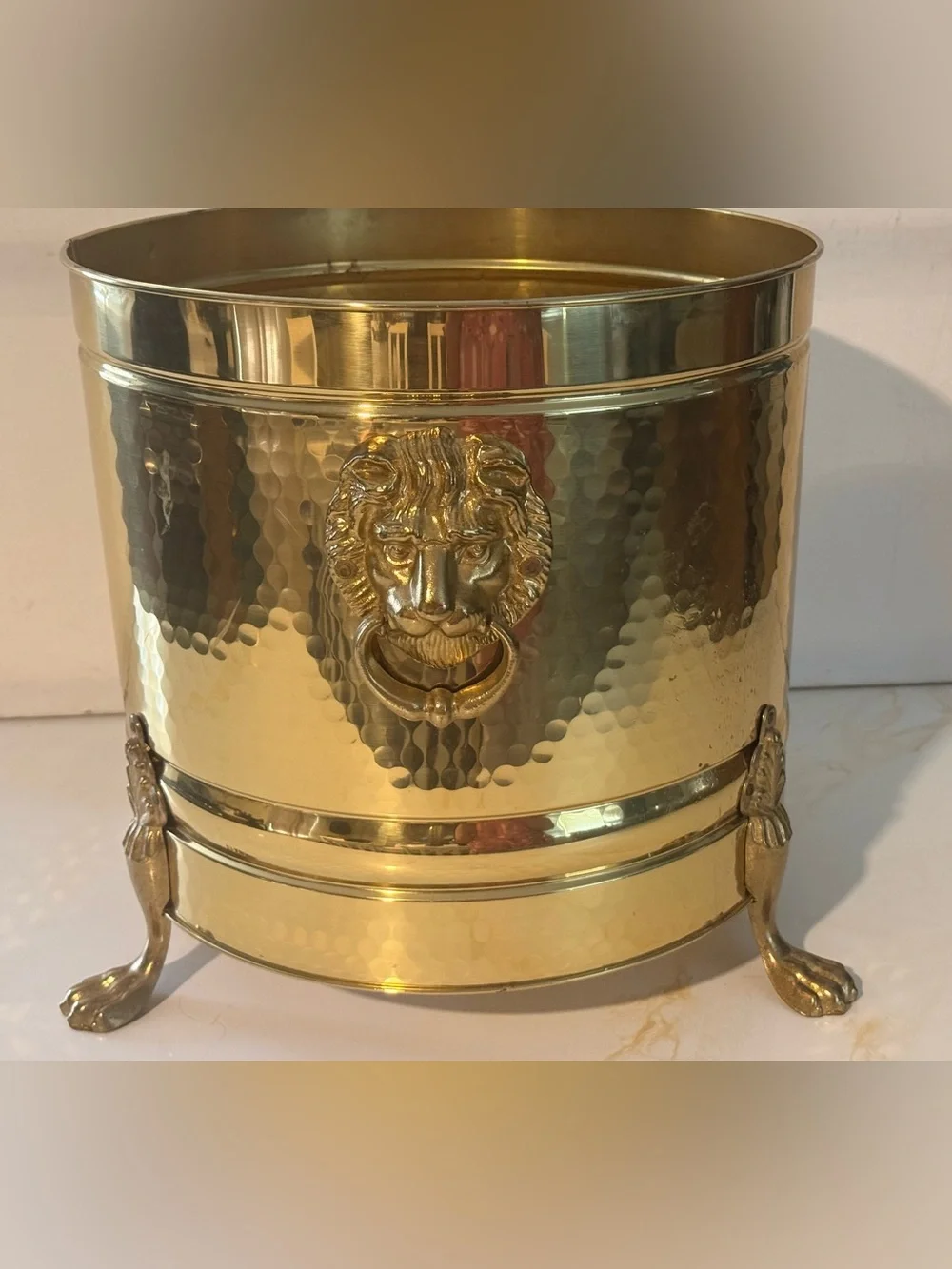 Vintage Brass 2 Headed Lion-Handled Decorative Planter - Gold Finish